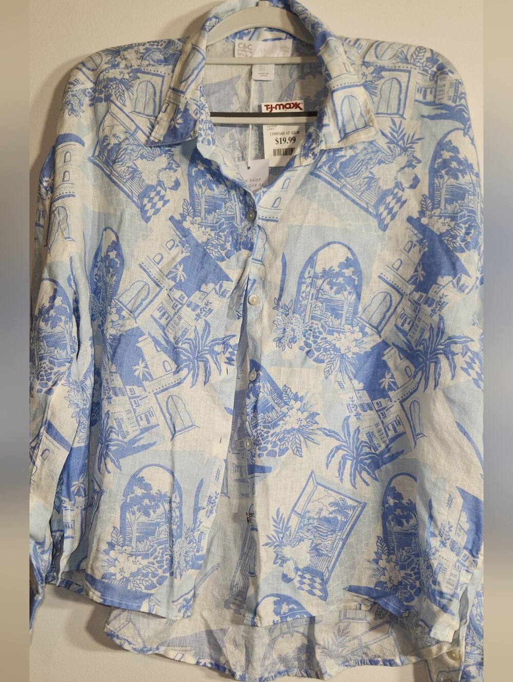 NWT Size L Tropical Blue & White Long Sleeve Button-Up Shirt 100% Linen
